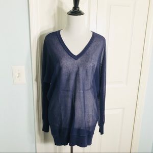 NWT DKNY Navy Blue Semi Sheer Long Sleeve V Neck Sweater Top Size Small